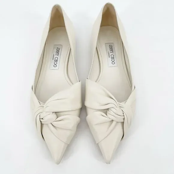 Jimmy Choo Hedera Off White Leather Knot Detail Pointed Toe Flats IT 39.5 EU